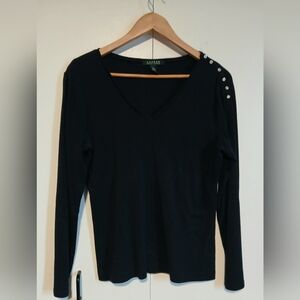 ​Lauren Ralph Lauren Shoulder Button Detail V-Neck Long Sleeve Top Navy Blue Lg